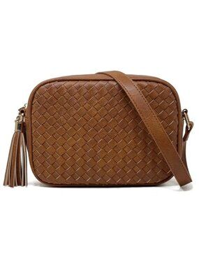 Small Woven Crossbody Bag Women Brown Boho Faux Leather Tassel Purse Zipper